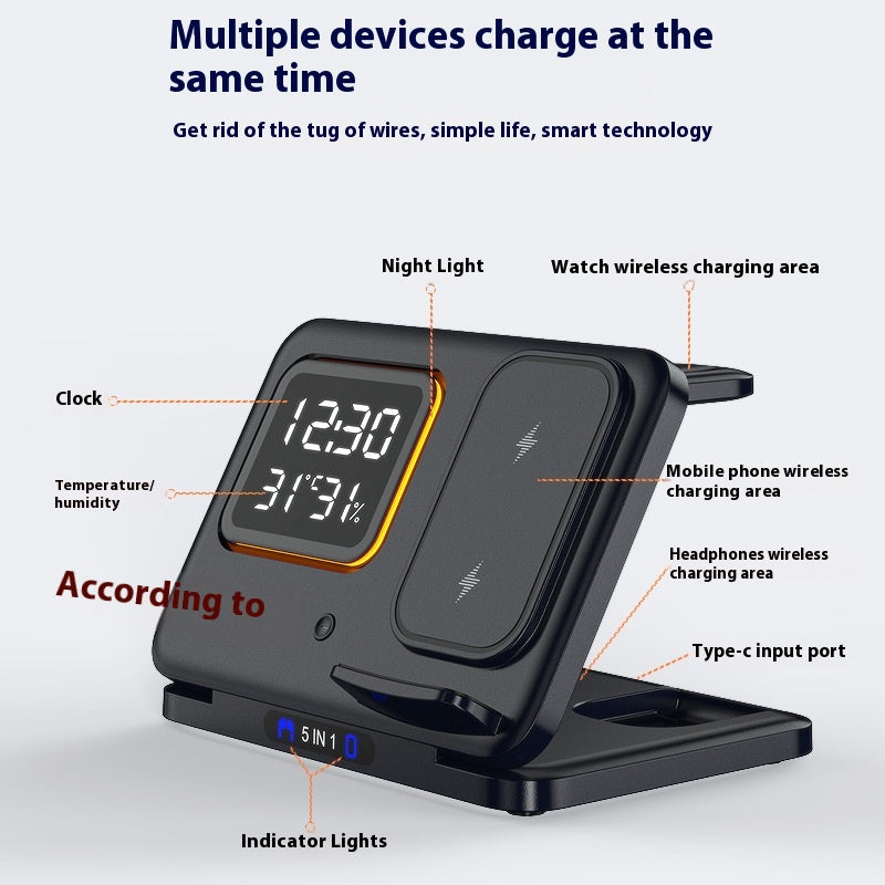 15W 5-in-1 Wireless Charging Station with LED Clock