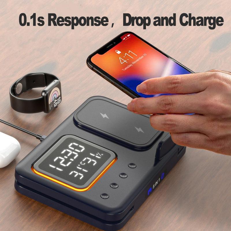 15W 5-in-1 Wireless Charging Station with LED Clock