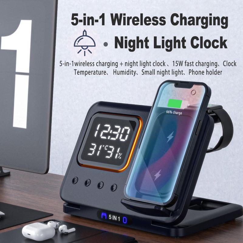 15W 5-in-1 Wireless Charging Station with LED Clock